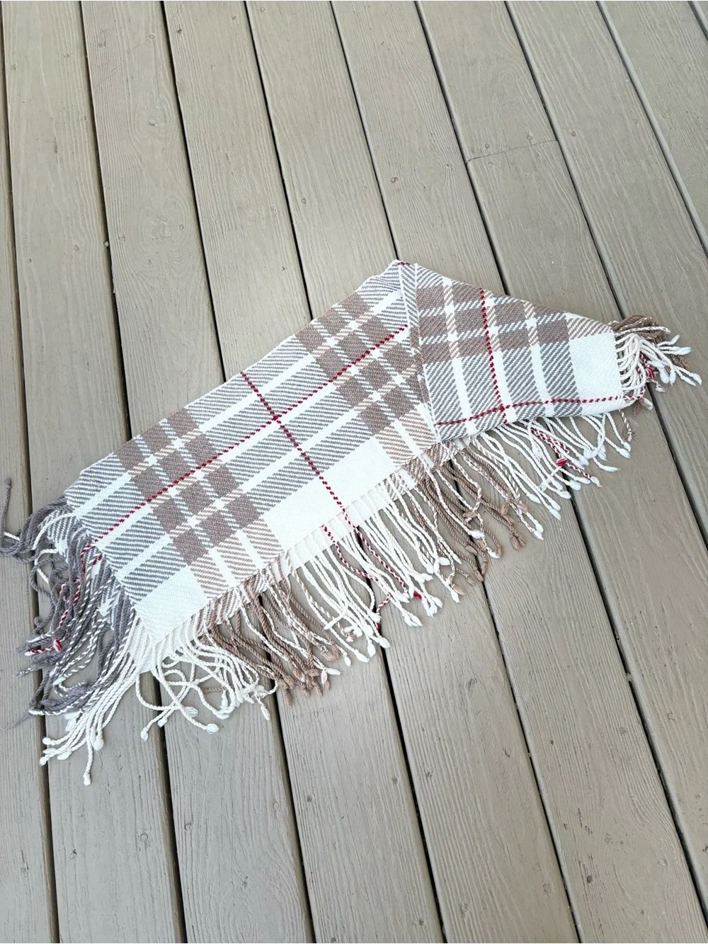 NWOT Unisex Plaid Fringe Scarf - Cream/Brown/Burgundy & Gray, Size: 72” x 10”